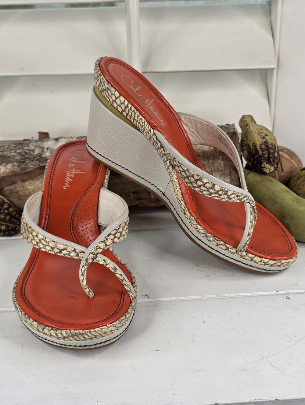 Cole Haan Nike Air Caprice Thong II Wedge Sandals Python Print Orange Leather